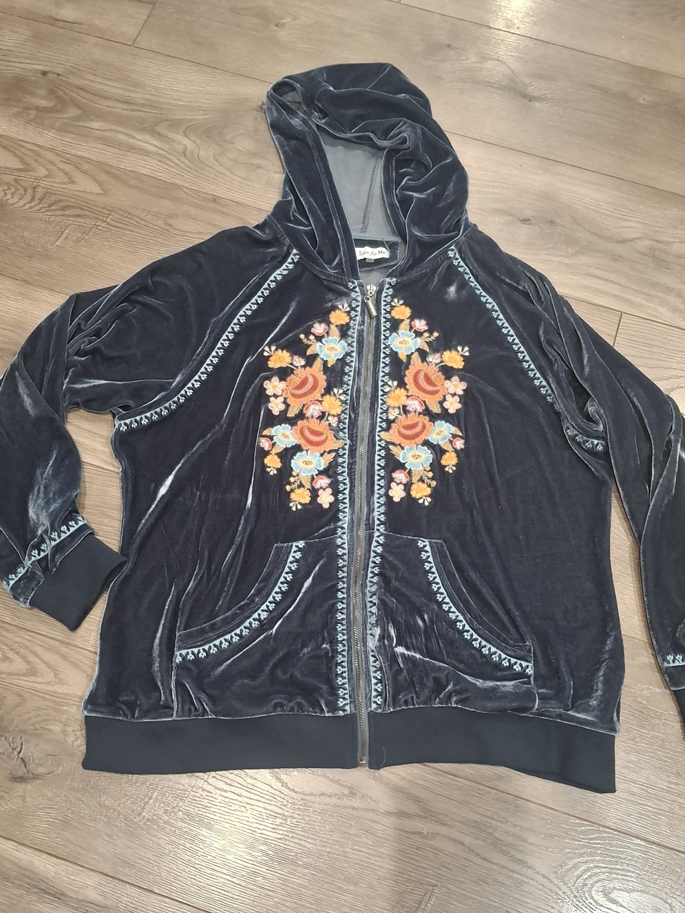 Time for Me Embroidered Cotton Blend Velvet Embroidered Zip Hoodie Jacket - Navy